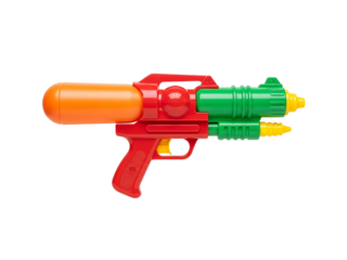 Brightly colored plastic water gun toy for summer fun isolated on transparent background