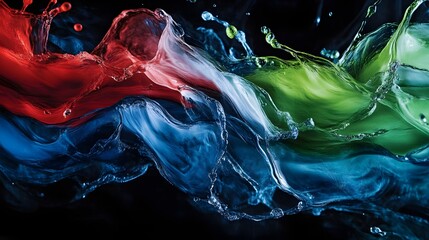 Colorful liquid swirls and splashes mix together on a black backdrop creating a dynamic abstract image.