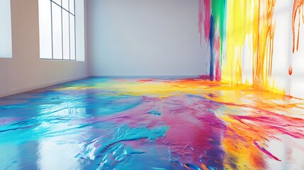 Vibrant colorful paint spills and flows freely throughout a spacious white room creating an artistic mess.