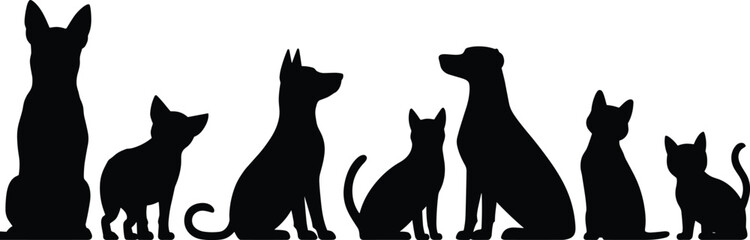 Pet silhouettes, dogs and cats together, animal lineup illustration, domestic animals artwork, black silhouette pets design for stock images