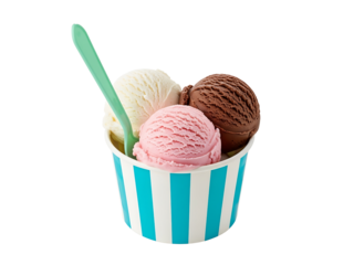 Three scoops of ice cream in a striped cup with a spoon isolated on transparent background