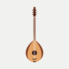 A stringed musical instrument resembling a lute or oud with a rounded body.