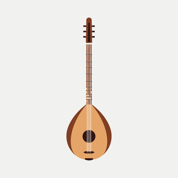 A stringed musical instrument resembling a lute or oud with a rounded body.