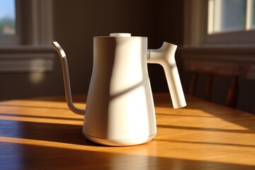 Modern white kettle on light wooden table