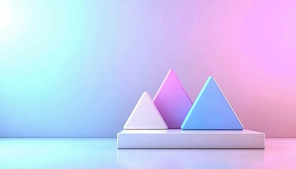 Three abstract geometric triangles in pastel colors (white, pink, blue) are arranged on a white rectangular pedestal against a soft gradient background of blue
