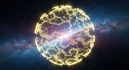 Obraz premium Animated yellow 3d sphere made of shining particles and energy rays