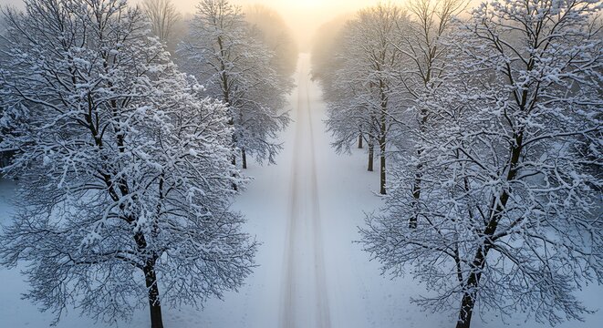 A snow covered road stretches through a forest in winter sunlight