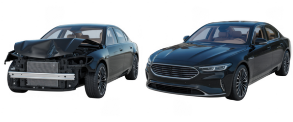 Damaged black sedan compared to intact black sedan isolated on a transparent background