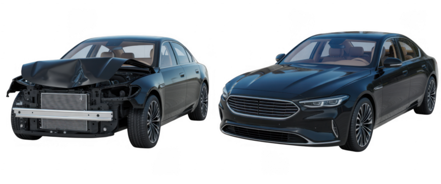 Damaged black sedan compared to intact black sedan isolated on a transparent background