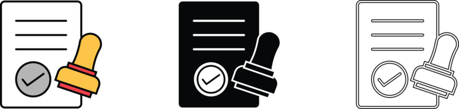 Approved document Icon with stamp and checkmark thin line style vector Illustration, Editable stroke, Modern outline Eps 10 design.