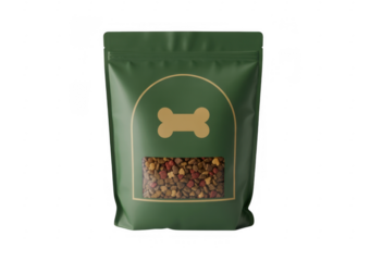 Green dog food pouch with bone icon and window isolated on a transparent background