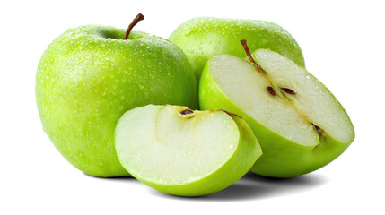 green apples and half of apple on white background