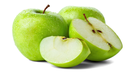 green apples and half of apple on white background