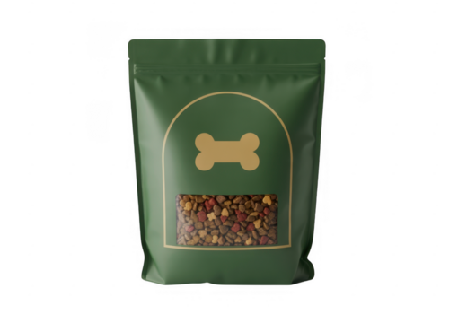 Green dog food pouch with bone icon and window isolated on a transparent background - Powered by Adobe