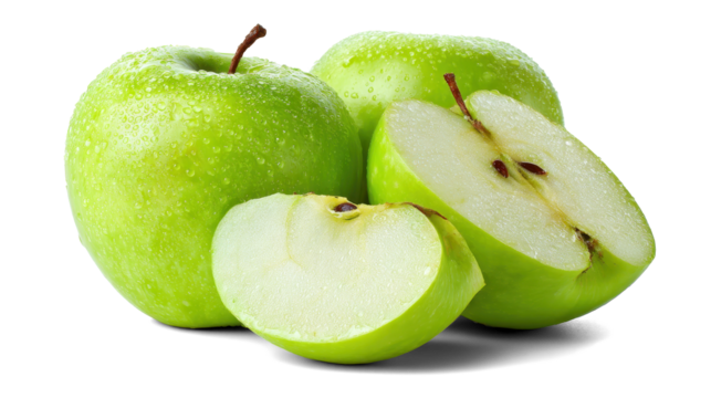 green apples and half of apple on white background