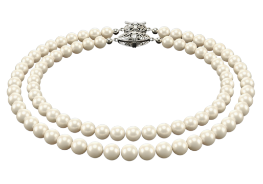 Elegant double strand pearl necklace with ornate clasp isolated on transparent background