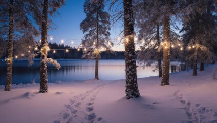 Wintery lake scene with snow-covered trees, twinkling lights strung between, and footprints