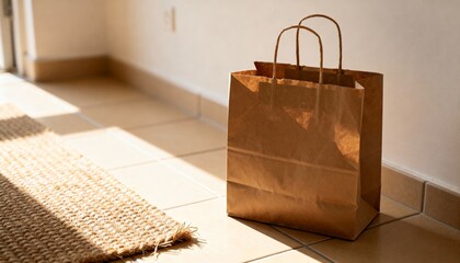 Shopping bag left by entry mat in warm morning light, calm lived-in mood, photorealistic style
