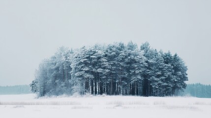 Winter landscape, with a background of soft white and light blue-toned forest. A tranquil, minimalist winter scene, capturing the serene beauty of the cold season and frost-covered wilderness.