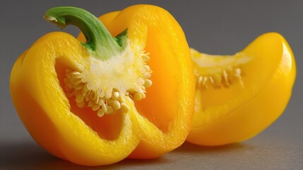 Sweet yellow bell pepper with slice on white background