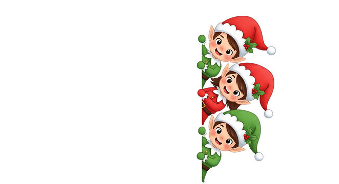 Three Cute Cartoon Christmas Elves Peeking from Side Border with Copy Space