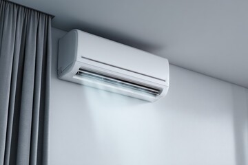 White AC unit mounted on a wall, cool air blowing