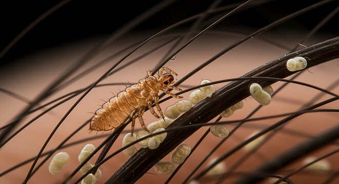 Close up of head lice and nits attached to a dark strand of hair