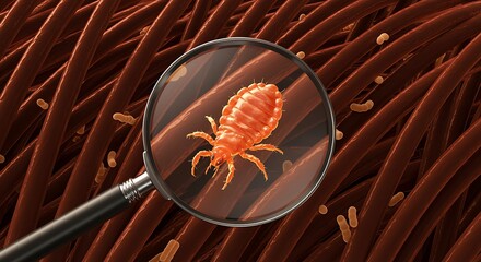 A magnified view of a head louse under a magnifying glass on hair