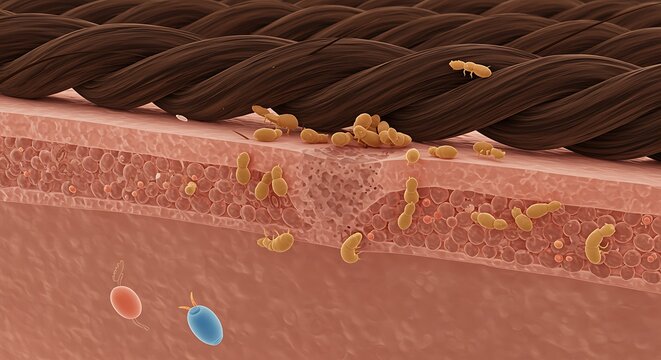A microscopic view of hair follicles infested with demodex mites and bacteria