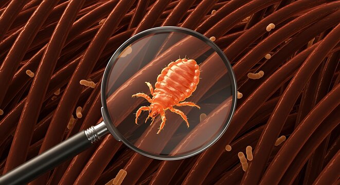 A magnified view of a head louse under a magnifying glass on hair