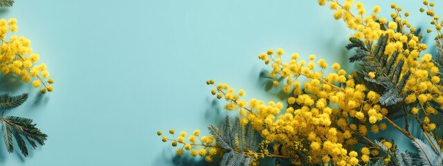 Yellow mimosa blossoms arranged on a light teal background