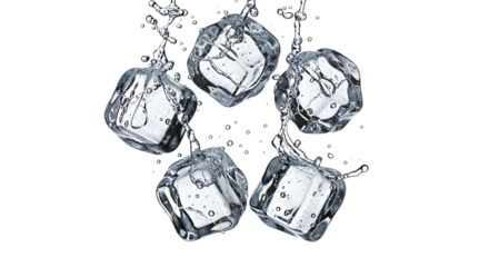 Four ice cubes falling with water droplets splashing, isolated on a transparent PNG background for easy use