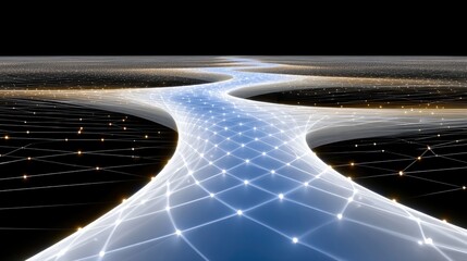 Abstract digital landscape with a luminous, winding path made of connected nodes and lines, illuminated against a dark background with scattered orange lights.