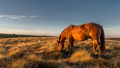 Horse grazing in a golden grassy field at sunset.