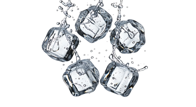 Four ice cubes falling with water droplets splashing, isolated on a transparent PNG background for easy use