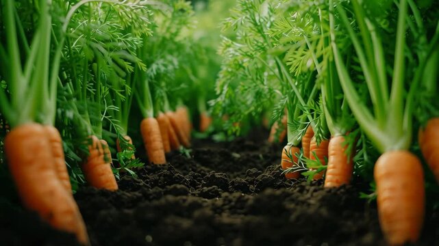 Close up view of growing carrot plants in a fertile garden bed for agriculture and healthy food cultivation