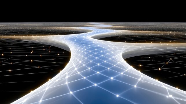 Abstract digital landscape with a luminous, winding path made of connected nodes and lines, illuminated against a dark background with scattered orange lights.