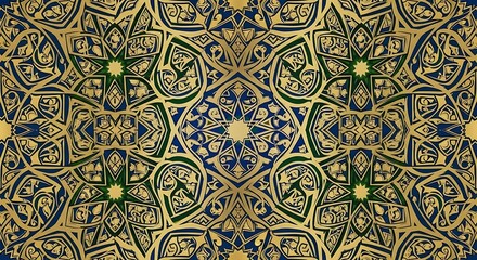 Luxurious Golden Arabesque Seamless Pattern on Deep Blue Background. Intricate Ornate Decorative Design with Geometric and Floral Motifs. Elegant V...