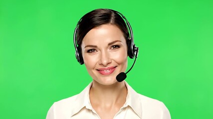 Confident and friendly female customer service representative wearing a headset, smiling positively while isolated on a green screen background for video communication