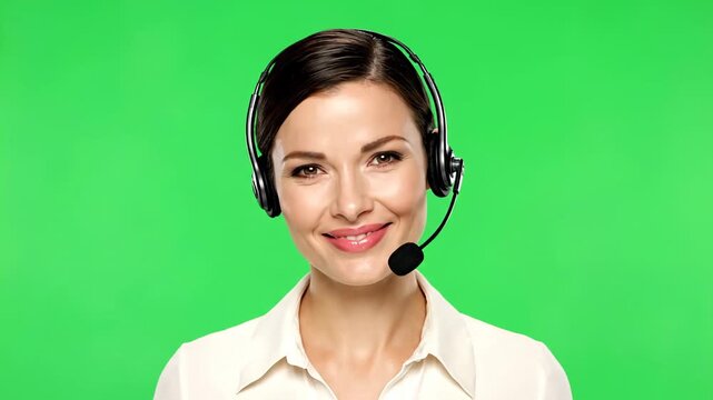 Confident and friendly female customer service representative wearing a headset, smiling positively while isolated on a green screen background for video communication