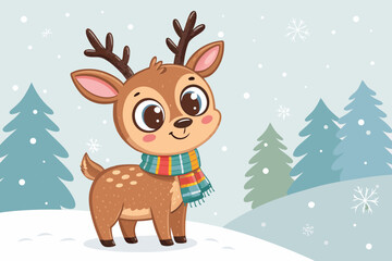 Featuring Cute Reindeer Character With Scarf Snowy Crisp Premium Digital Asset