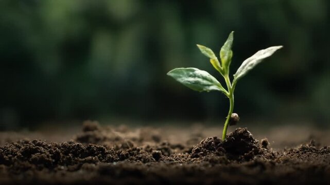 A delicate green seedling rises from rich, damp soil, its tiny leaves shimmering with morning dew as a soft breeze creates gentle, natural movement. This peaceful