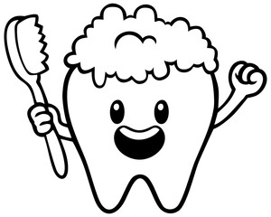 Cute Tooth Brushing Cartoon Outline Illustration. Editable Color Vector