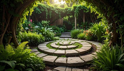 Stone-paved circular garden path under arch, greenery abounds, leading to steps in bright sunlight