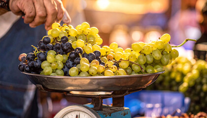 Traditional wet market scene showing grapes being measured on vintage iron weighing scale
