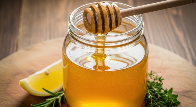 Golden natural honey in a jar with lemon and herbs