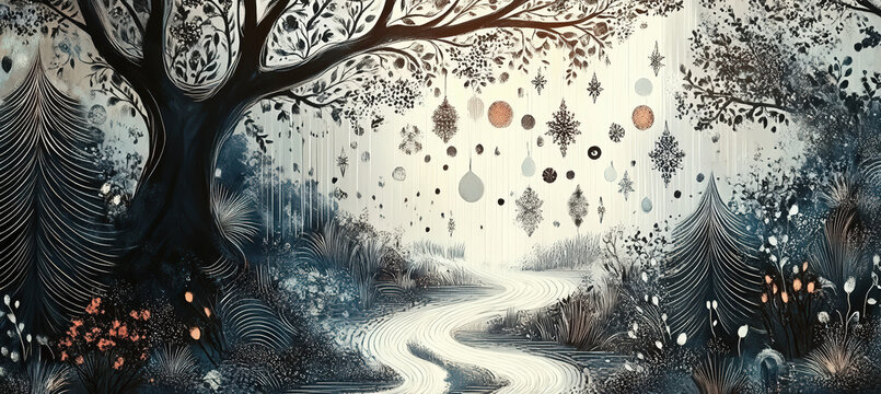 A magical forest pathway illuminated by warm glowing particles, swirling branches, floating shapes, and snowy textures, creating a dreamlike fantasy landscape rich with mystery, calm warmth, and atmos