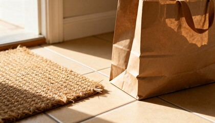 Shopping bag left by entry mat in warm morning light, calm lived-in mood, photorealistic style