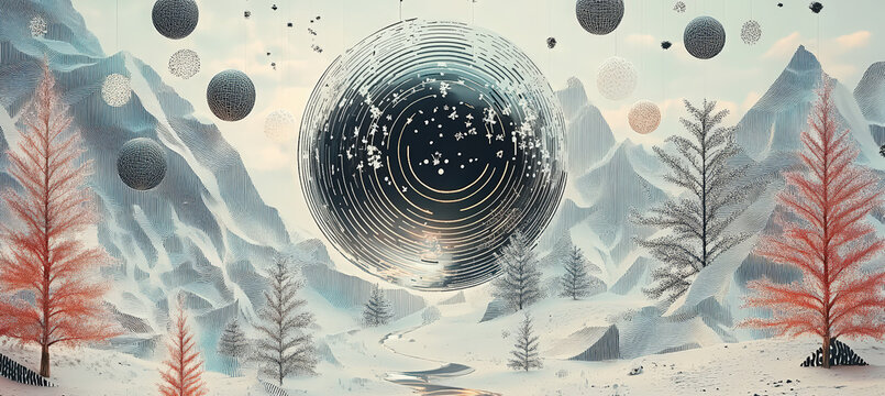 A soft pastel winter forest with abstract circular cosmic symbols, red pine highlights, floating snow particles, and gentle atmospheric light, forming a calm surreal landscape blending fantasy eleganc