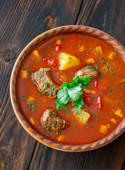 Rustic clay bowl filled with traditional Hungarian Bogracs stew on wooden table